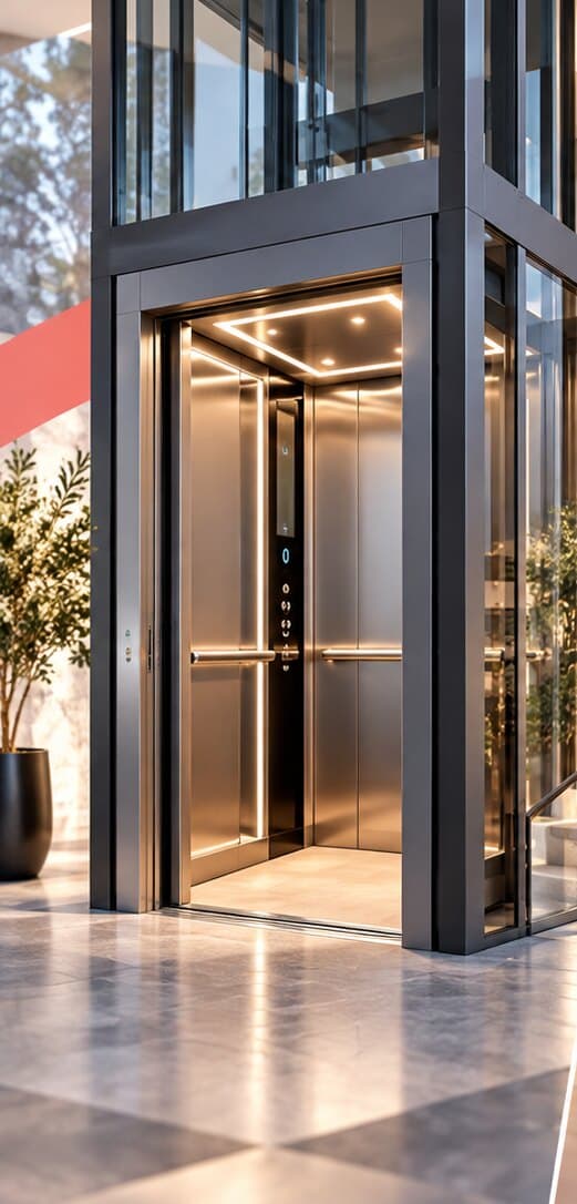 Illustration of a glass passenger elevator in a lobby