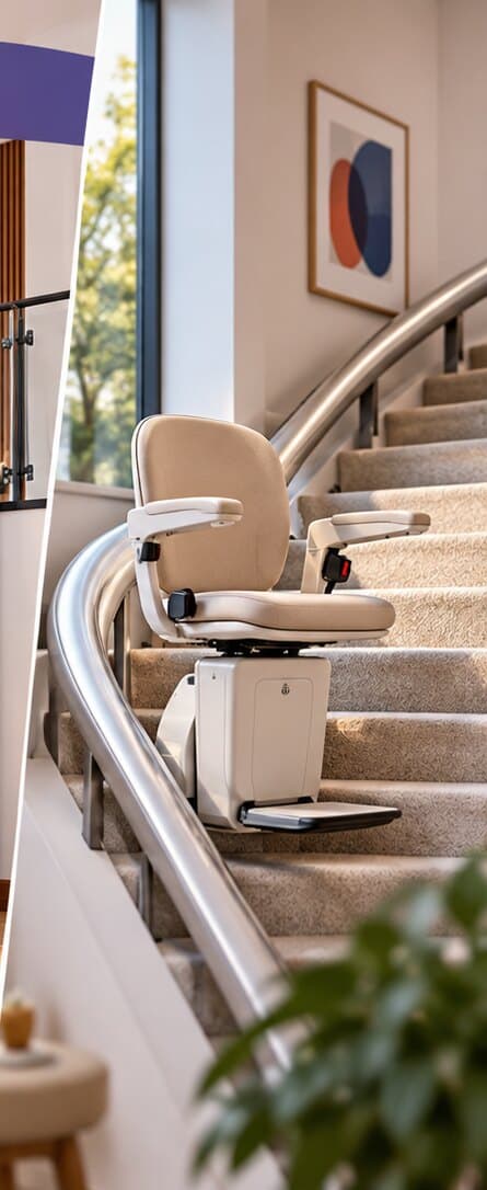 Illustration of a stairlift on a curved staircase